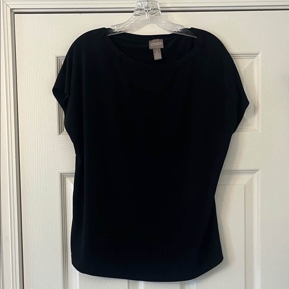 Chico's Elegant Black Blouse size 2 (13) cap sleeves. Like new
